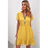 Yellow Polka Dot V Neck Ruffled Short Sleeves Mini Dress