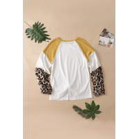 Leopard Long Sleeve Waffle Knit White Blouse with Twist Knot