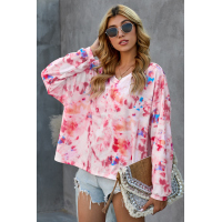 Pink Tie-dye V Neck Long Sleeve Top