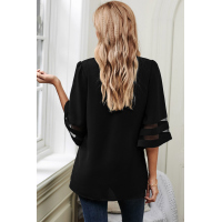 Black V Lace Neckline 3/4 Bell Mesh Sleeves Blouse