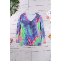 Blue Tie-dye V Neck Long Sleeves Top