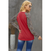 Red Leopard Patchwork Lace-up Front Long Sleeve Top