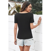 Black Scoop Neck Buttoned Front Ribbed Knit Short Sleeve Top