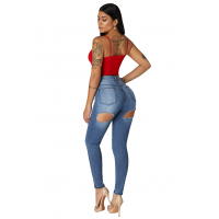 High Waist Bottom Ripped Hole Cut Jeans