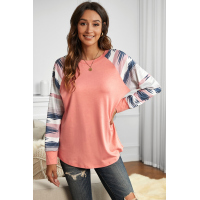 Pink Raglan Long Sleeve Geometric Print Top