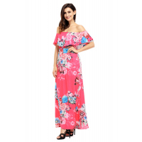 Flower Print Rosy Grounding Off Shoulder Long Boho Dress