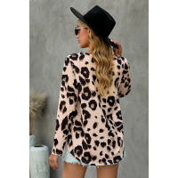 Khaki Casual Leopard Print Long Sleeves T-shirt