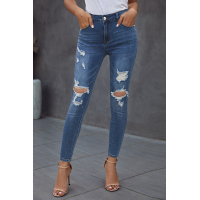 Blue Hollow Out Vintage Skinny Ripped Jeans