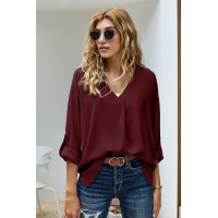 Wine V Neck 3/4 Sleeve High Low Hem Shirt