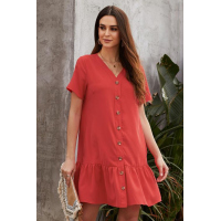 Red Pocketed Button Ruffle Dress