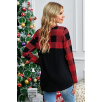 Plaid Print Patchwork Black Long Sleeve Top