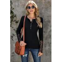 Black Crochet Lace Hem Sleeve Button Top