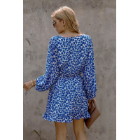 Blue V Neck Lantern Sleeves Floral Tunic Dress