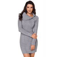 Asymmetric Buttoned Collar Grey Bodycon Sweater Dres