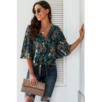 Black Floral Print Button Tie Top