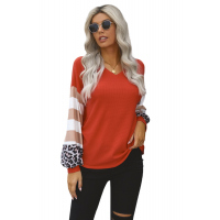 Orange V Neck Leopard Stripe Splice Lantern Sleeve Top