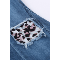 Leopard Patchwork Bell Bottom Jeans With Frayed Hem