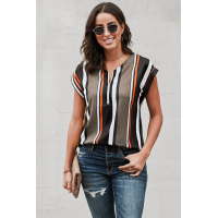 Black V Neck Stripes Roll up Short Sleeve Zip Up Blouse