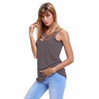 Gray Spaghetti Strap Tank Top with Caged Neckline