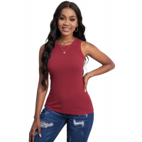 Solid Red Round Neck Ribbed Tank Top