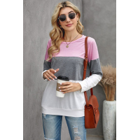 Multicolor Round Neck Long Sleeve Color Block Top