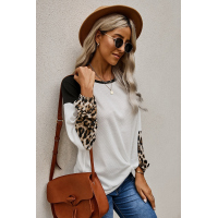 Leopard Long Sleeve Waffle Knit Black Blouse with Twist Knot