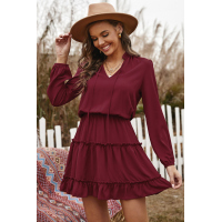 Wine V Neck Long Sleeve Ruffle Tiered Mini Dress