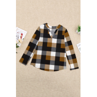 Yellow Contrast Plaid V Neck Long Sleeve Top