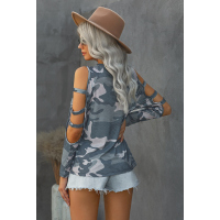 Gray Camouflage Shoulder To Hollow Out Long Sleeve Top