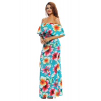 Turquoise Roses Print Off-the-shoulder Maxi Dress