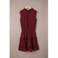 Wine Red Sleeveless V Neck Ruffled Swing Mini Dress