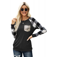 Black Plaid Splicing Sequined Pocket Long Sleeve Top