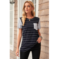 Black Striped Short Sleeve Contrast Color T-Shirt with Pocket