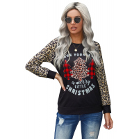 Black Leopard Sleeves Christmas Tree Print Top