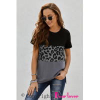 Black Leopard Print Color Block Short Sleeve T-Shirt