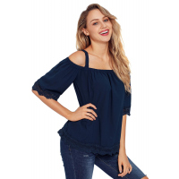 Navy Blue Crochet Lace Trim Cold Shoulder Blouse