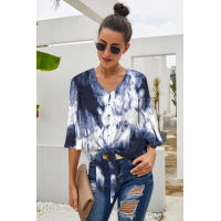 Black Tie-dye Print Button Tie Top