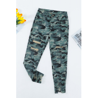 Green Camouflage Hollow out Skinny Jeans with Pocket