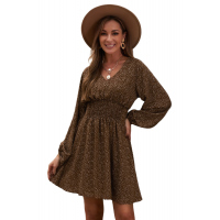 Brown V Neck Balloon Sleeve Smocked Waist Printed Mini Dress