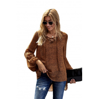 Brown Lantern Sleeve Lace Up Blouse 