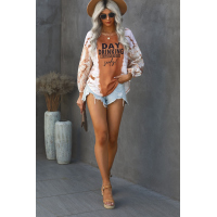 Orange Letter Print Cut-out Tie Dye Lantern Long Sleeve Top