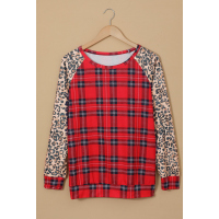 Red O-Neck Leopard Sleeve Plaid Splicing Blouse