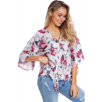 Floral Print Tie Front Kimono Sleeve Blouse