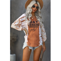 Orange Letter Print Cut-out Tie Dye Lantern Long Sleeve Top