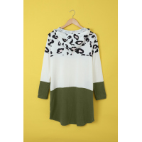 Green Leopard Color Block Splicing Long Sleeve Cotton Mini Dress