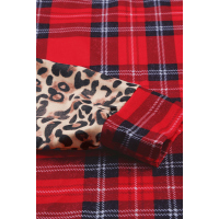 Red O-Neck Leopard Sleeve Plaid Splicing Blouse