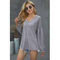 Gray Billowed Sleeve Thermal Knit Top