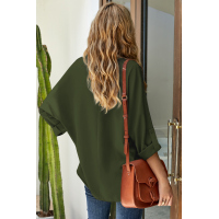 Army Green V Neck 3/4 Sleeve High Low Hem Shirt