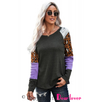 Gray Multi Print Color-block Sleeves Waffle Knit Top