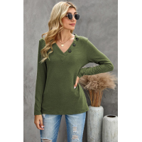 Green V-neck Button Solid Color Long Sleeve Top